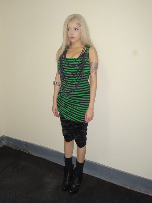 Green and Black Striped Shredded Dress