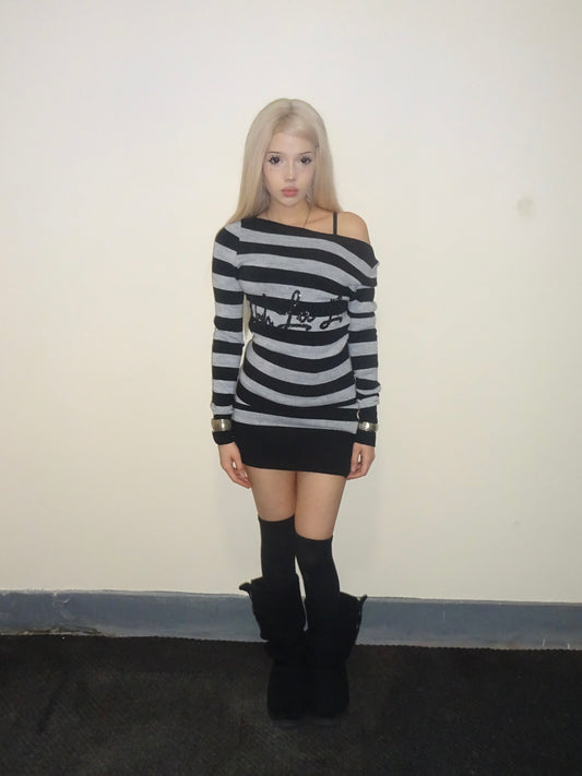 Black and Grey Striped Knit Jumper Dress